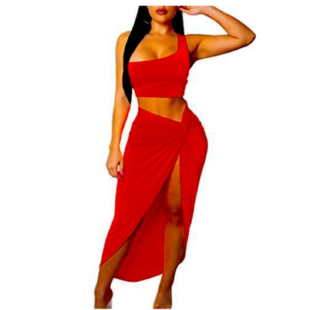BEAGIMEG Women's Sexy One Shoulder Long Bodycon Slit Skirt 2 Pieces Dress Red